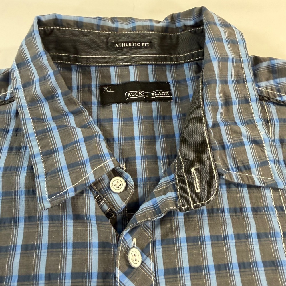 Buckle Black Mens XL Athletic Fit Plaid Button Down Shirt Blue Grey Long Sleeve - Picture 4 of 8